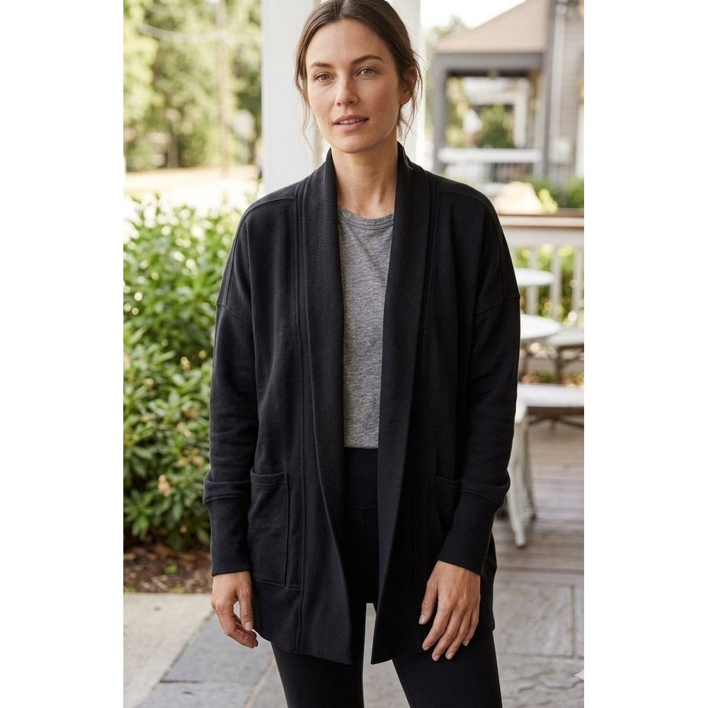 Pact Organic Cotton Airplane Wrap Cardigan Womens M Black Sweater